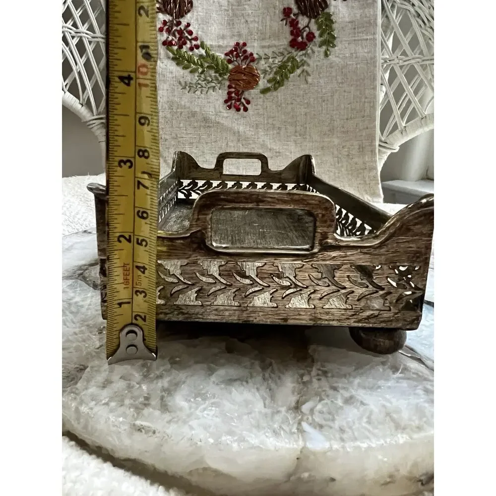 Vintage Antique Pewter Finish Decorative Vanity Serving Tray Pierced Gallery 9x5